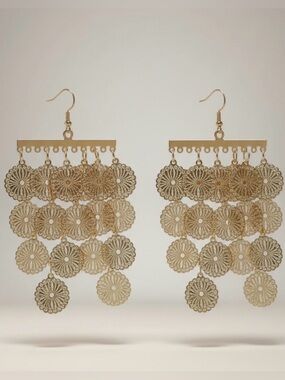Gold Tone Floral Disc Chandelier Earrings  NWT